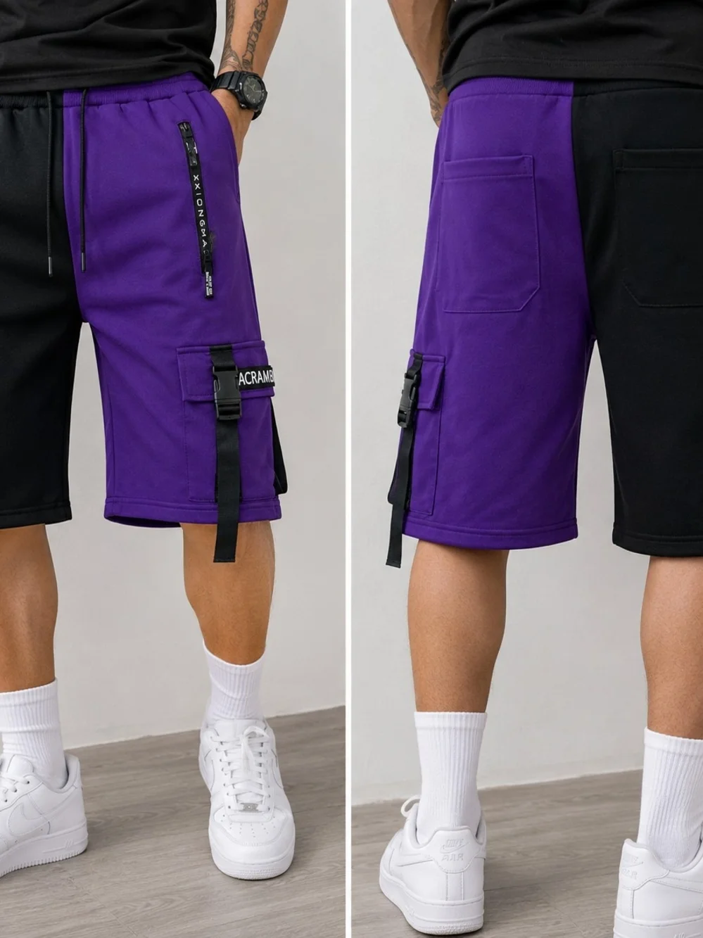 Men's Two-Tone Purple & Black Cargo Shorts with Utility Straps